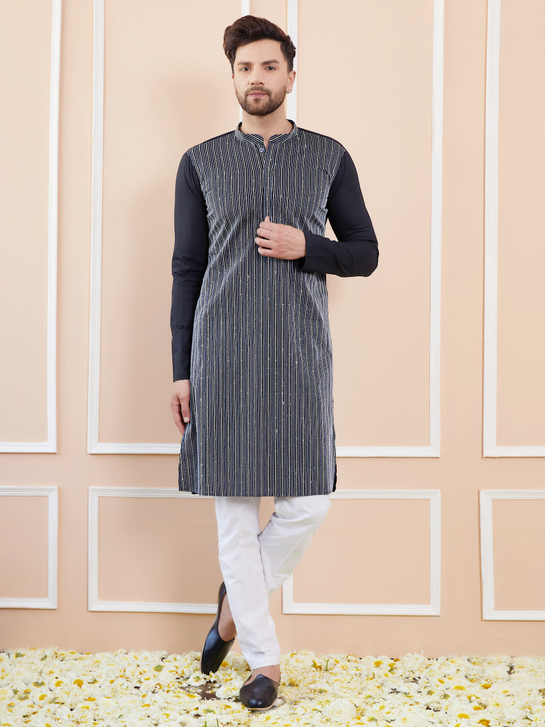 Black Sequins and Thread Worked Cotton Straight Kurta with Pyjama