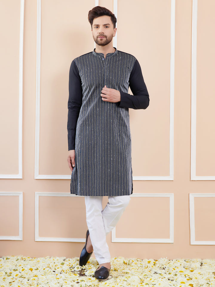 Black Sequins and Thread Worked Cotton Straight Kurta with Pyjama