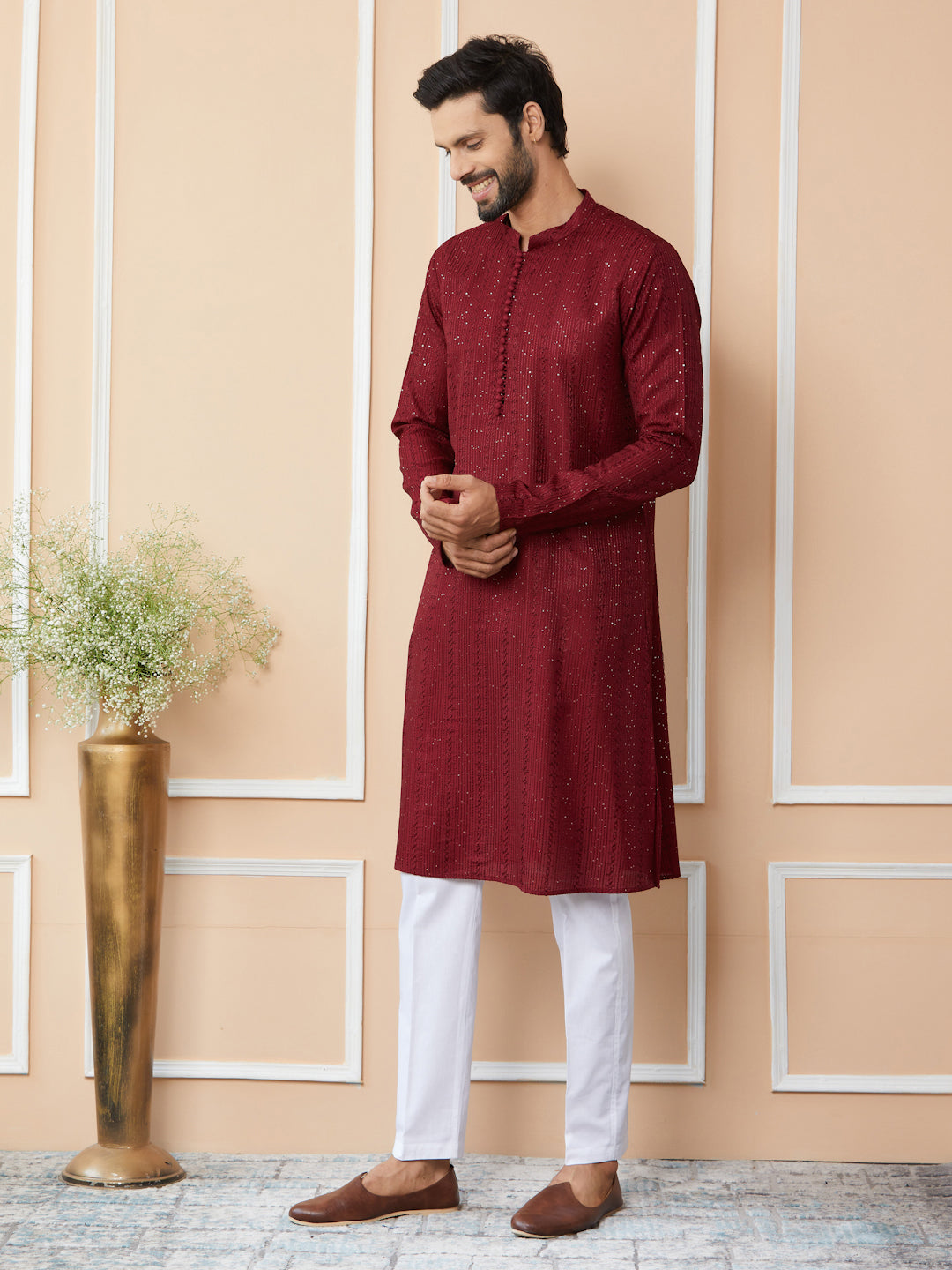 Dark Maroon Embroidered Thread Work Sequinned Chanderi Silk Straight Kurta with Pyjama