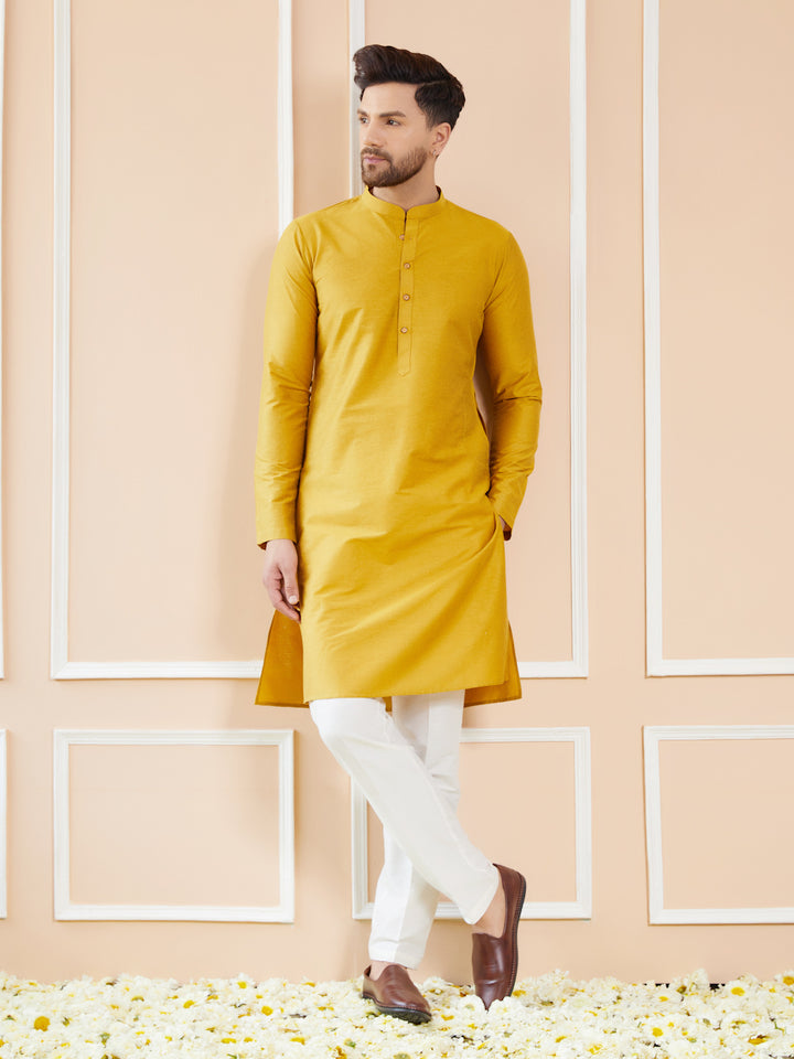 Yellow Cotton Solid Straight Kurta with Pyjama