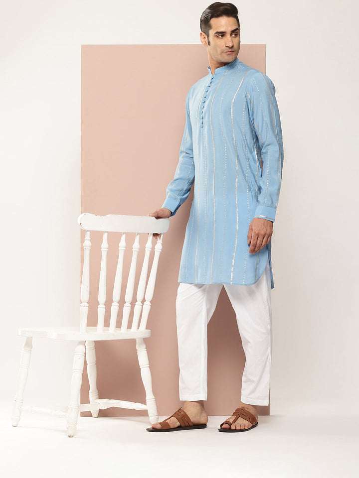 Men's Blue Chanderi Silk Kurta with Sequin Embroidery, Paired with Pyjama