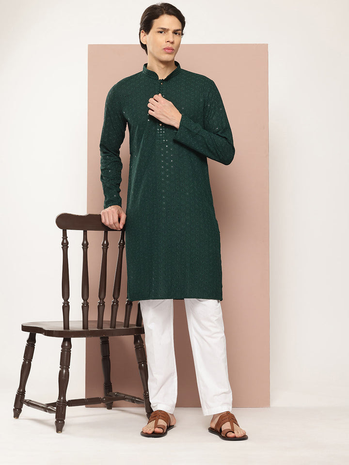 Men's Green Sequin Embroidered Rayon Kurta, Paired with Pyjama