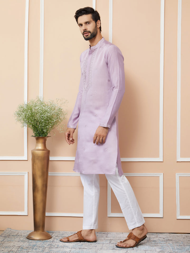 Lavender Embroidered Chanderi Silk Straight Kurta with Pyjama