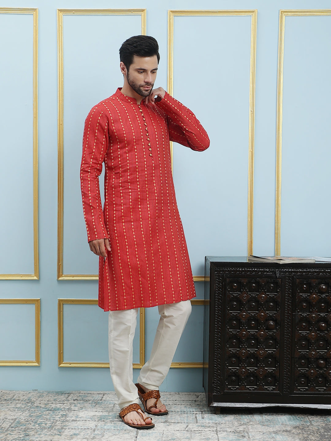 Thread Worked Cotton Silk Straight Kurta with Pyjama