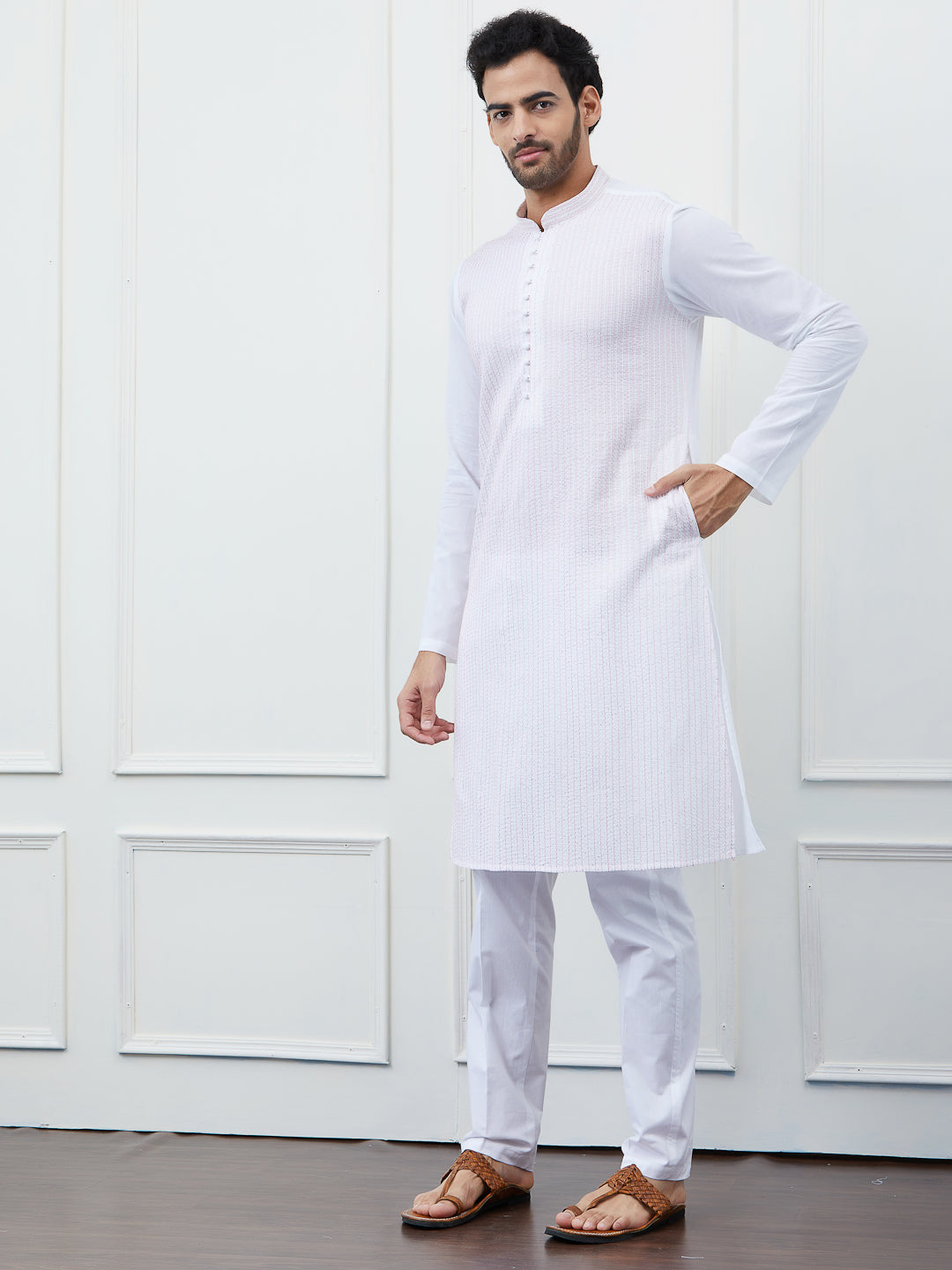 Sequin and Thread Work Pure Cotton Kurta with Pyjama