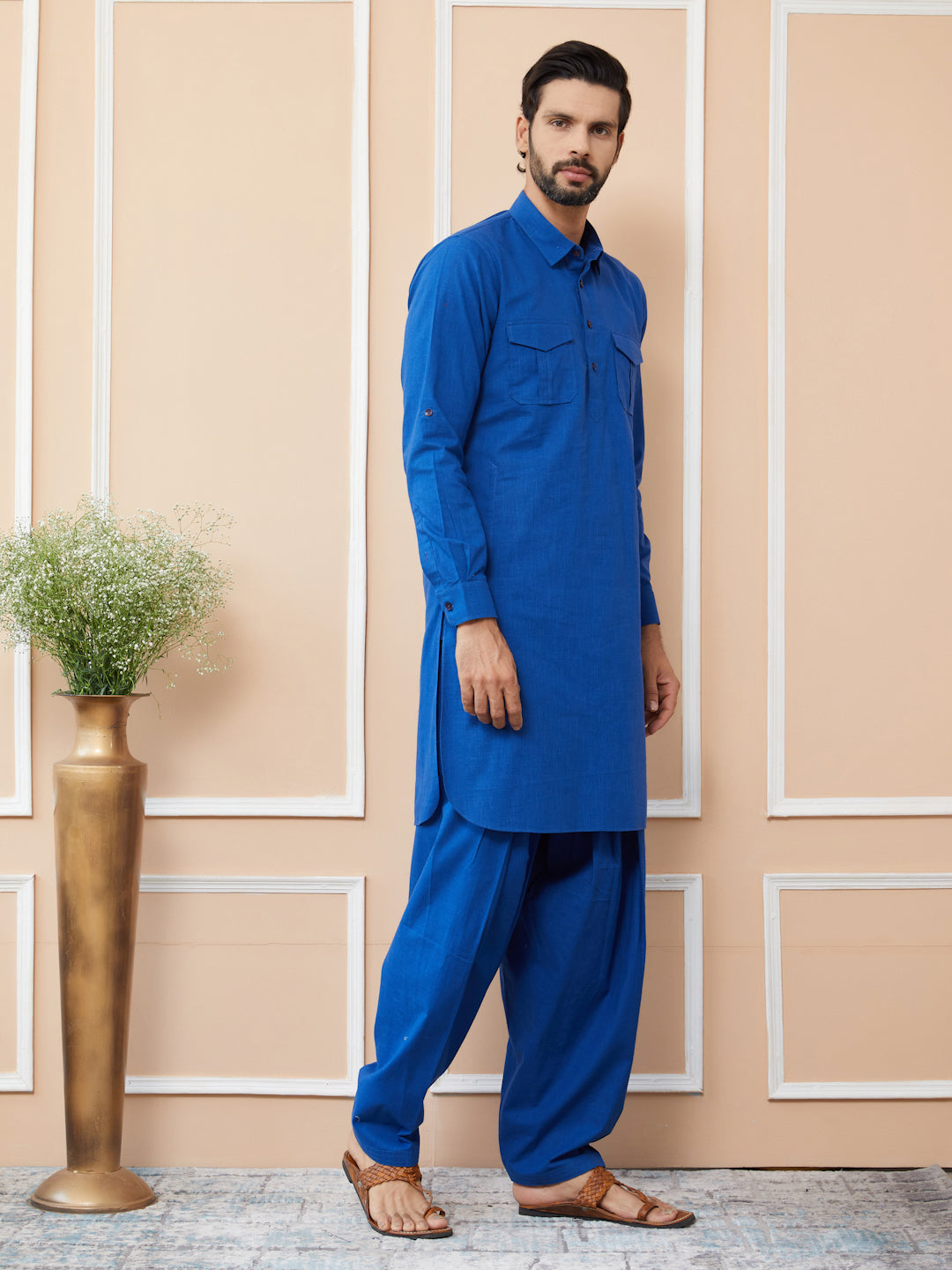 Blue Cotton Slub Pathani kurta with Salwar