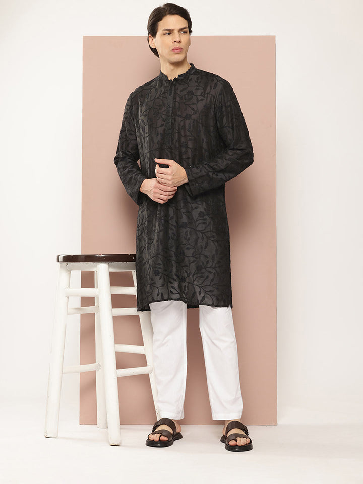 Men's Black Chanderi Silk Embroidered Kurta, Paired with Pyjama