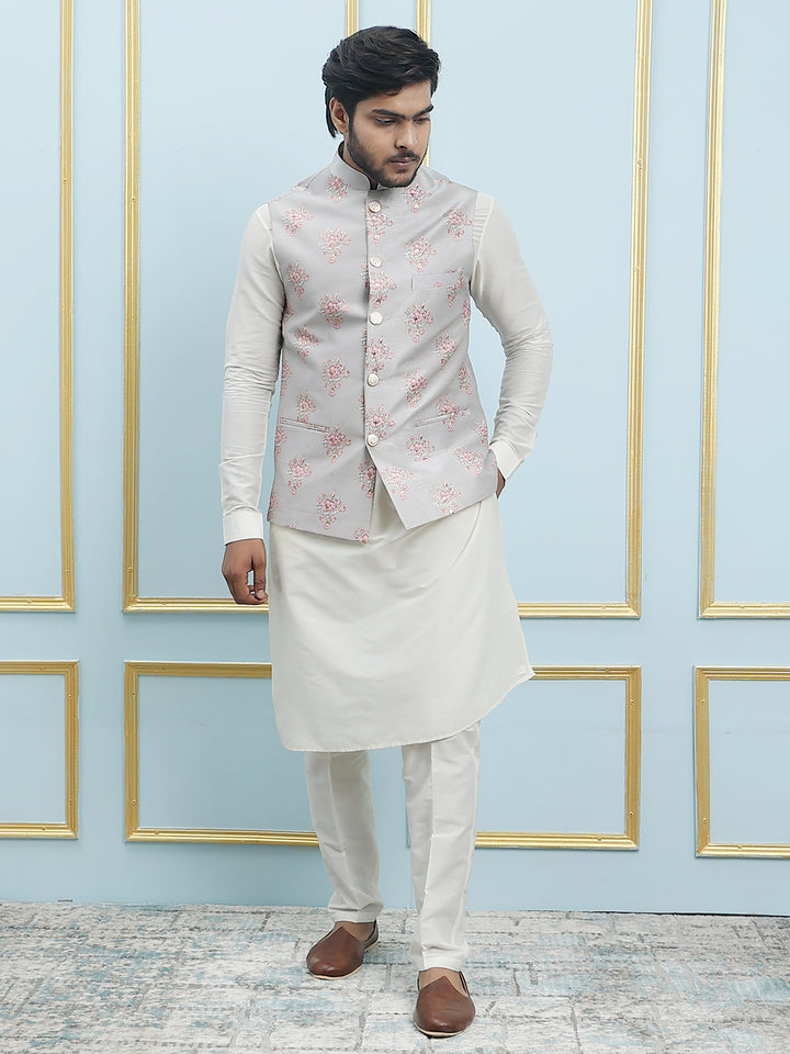 Pure Silk Kurta & Pyjama with Sequins Embroidered Nehru Jacket