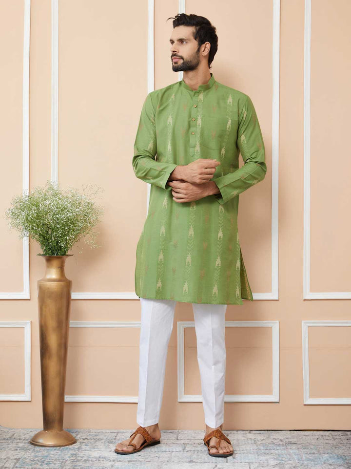 Green Cotton Handloom motifs Straight Kurta with Pyjama