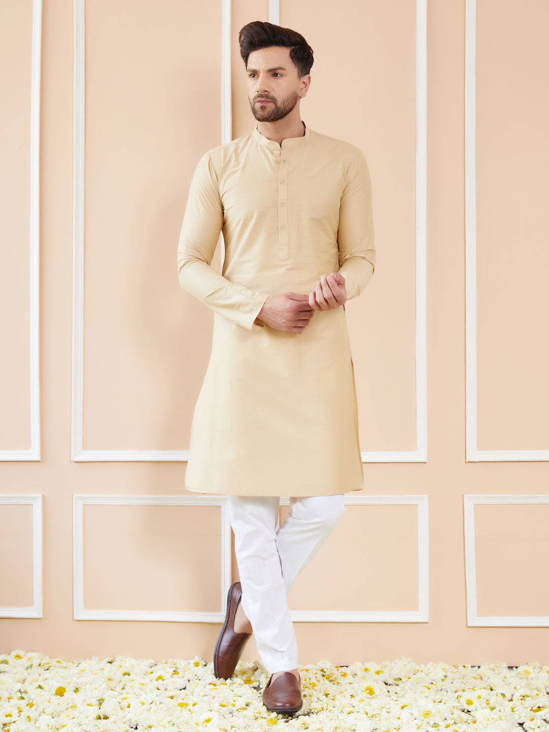 Cream Cotton Solid Straight Kurta with Pyjama