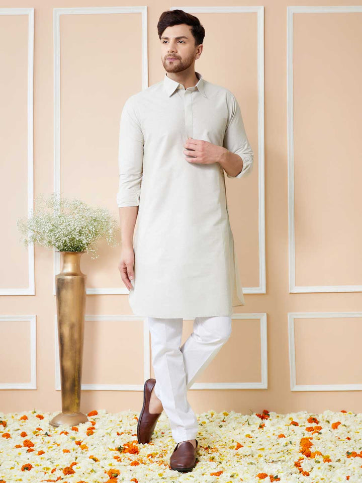 Off White Cotton Solid Pathani Kurta with Pyjama