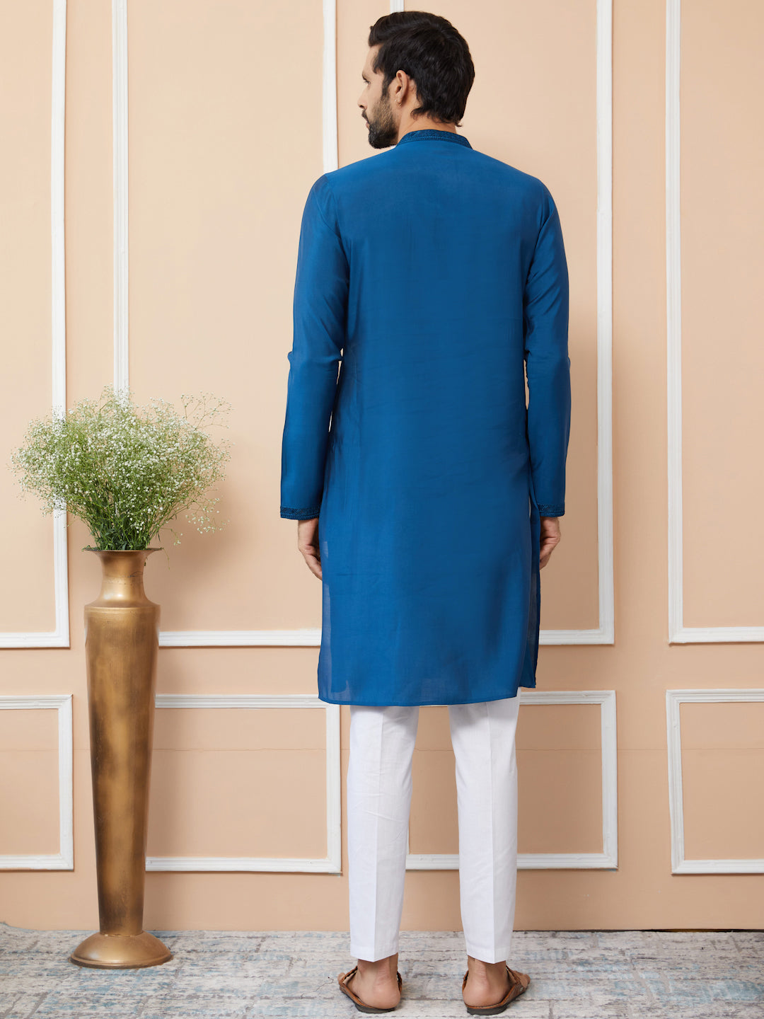 Dark Blue Embroidered Chanderi Silk Straight Kurta