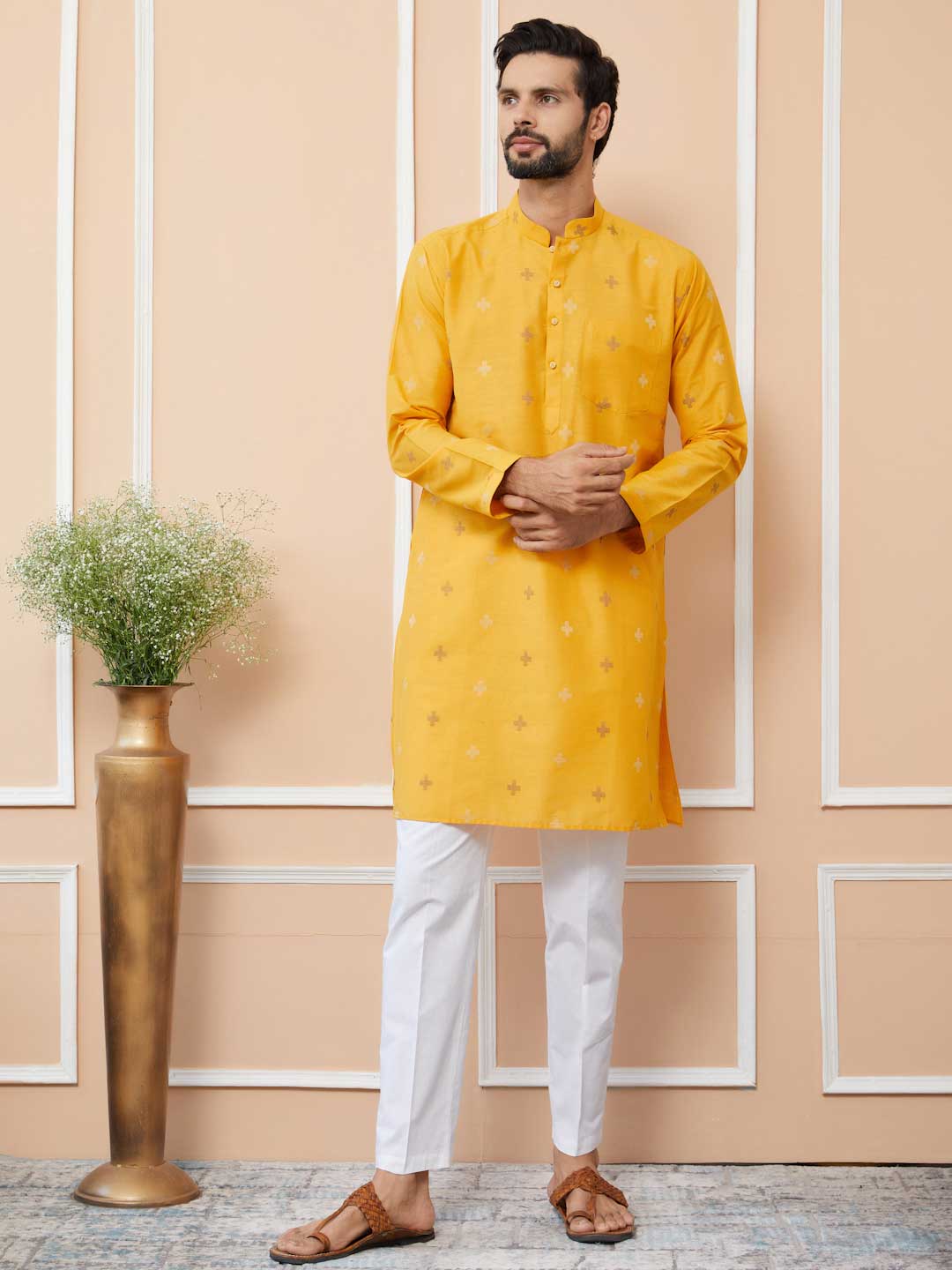 Mustard Cotton Handloom motifs Straight Kurta