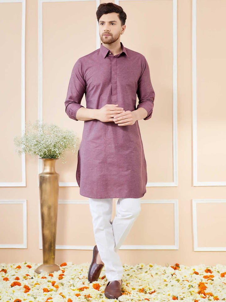 Purple Cotton Solid Pathani Kurta with Pyjama