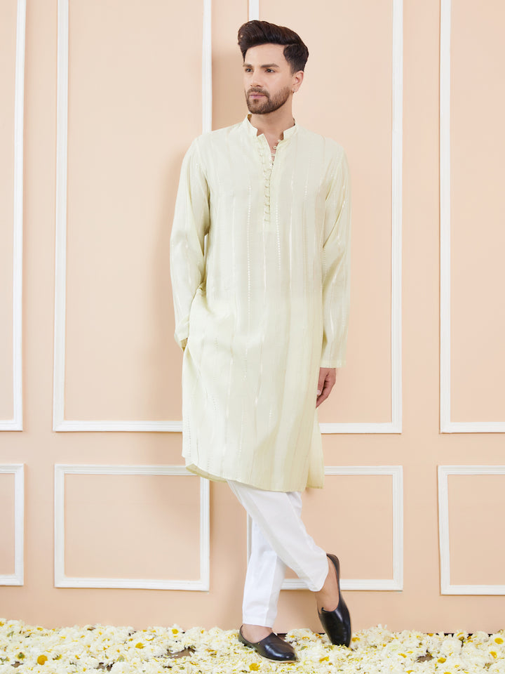 Cream and Gold Sequins Embroidered Chanderi Silk Straight Kurta With Pyjama