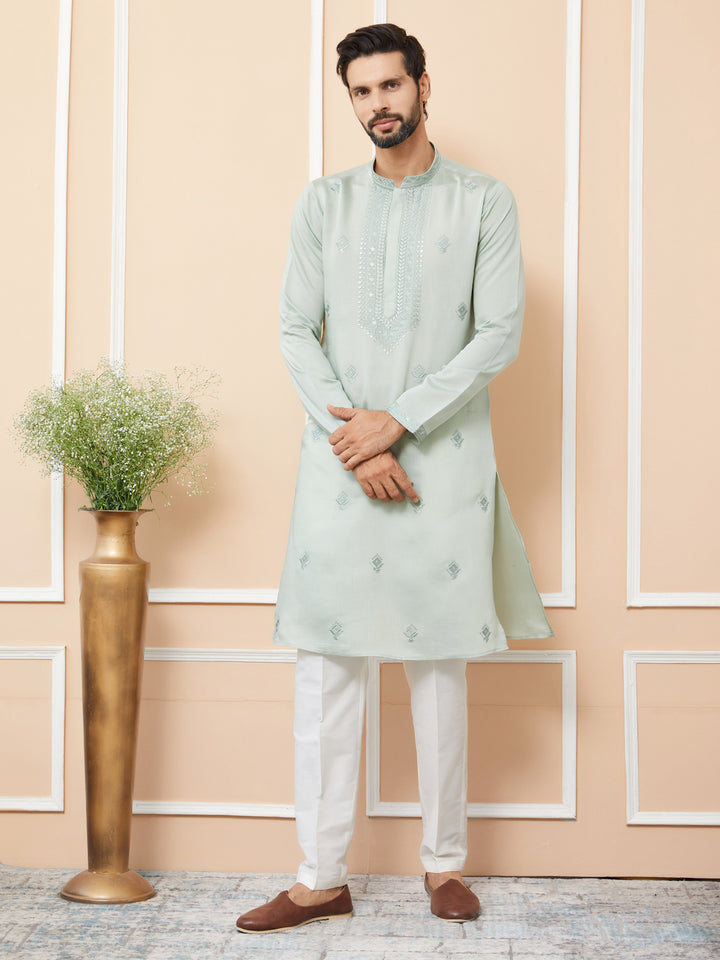 Pastel Green Embroidered Chanderi Silk Straight Kurta