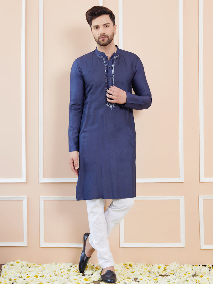 Blue Cotton Solid Straight Kurta with Embroidered Neckline and Pyjama