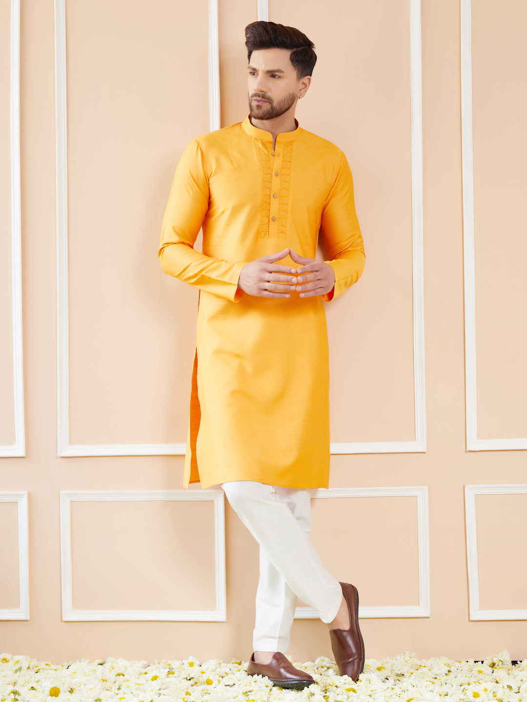 Mustard Raw Silk Straight Kurta with Pintuck Neckline and Pyjama