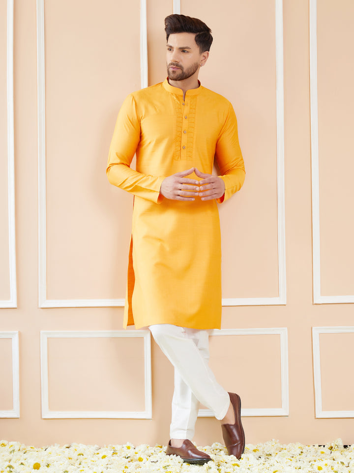 Mustard Raw Silk Straight Kurta with Pintuck Neckline and Pyjama