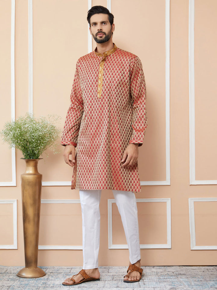 Red-Beige Ethnic Motifs Silk Jacquard Woven Design Straight Kurta with Embroidered Neckline