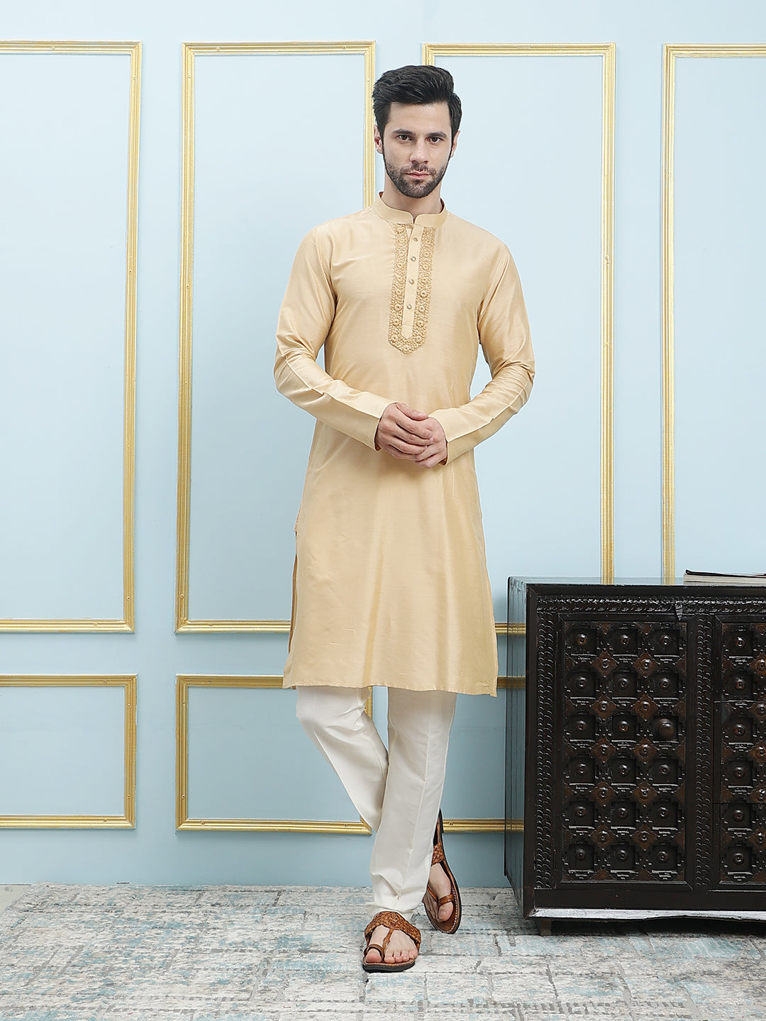 Solid Pure Cotton Straight Kurta with Embroidered Neck Design and Pyjama