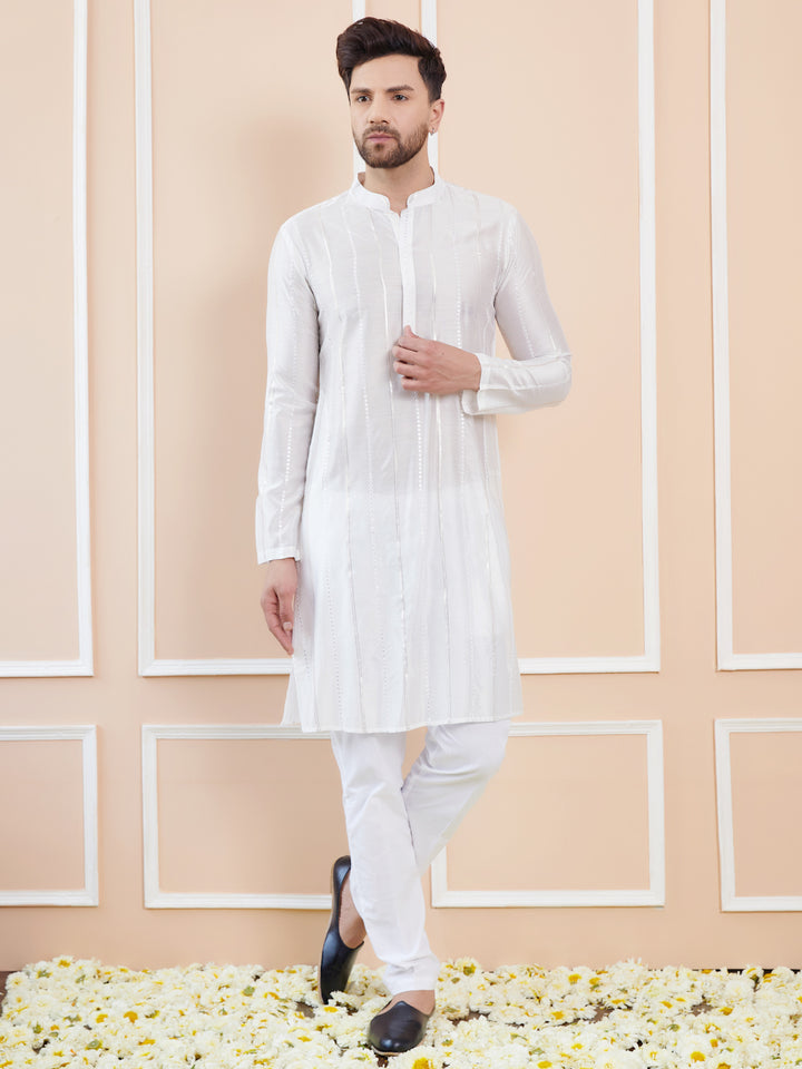 White Sequins Embroidered Pure Chanderi Silk Straight Kurta