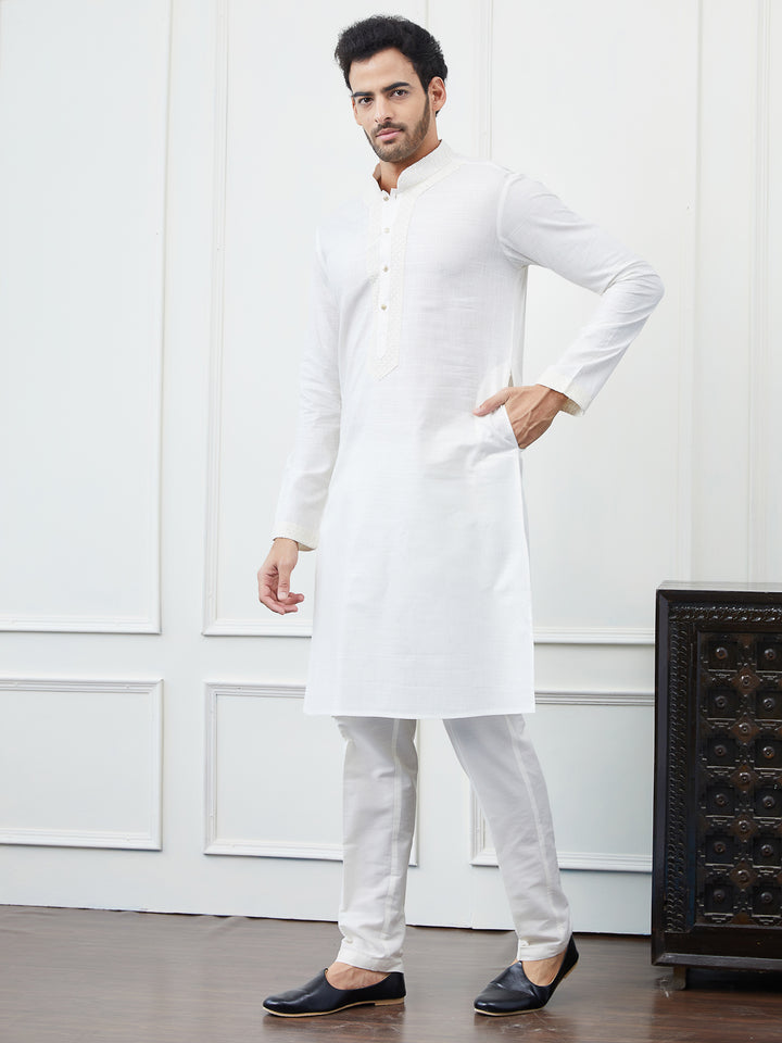 Solid Pure Cotton Straight Kurta with Embroidered Sequin Neck Design and Pyjama