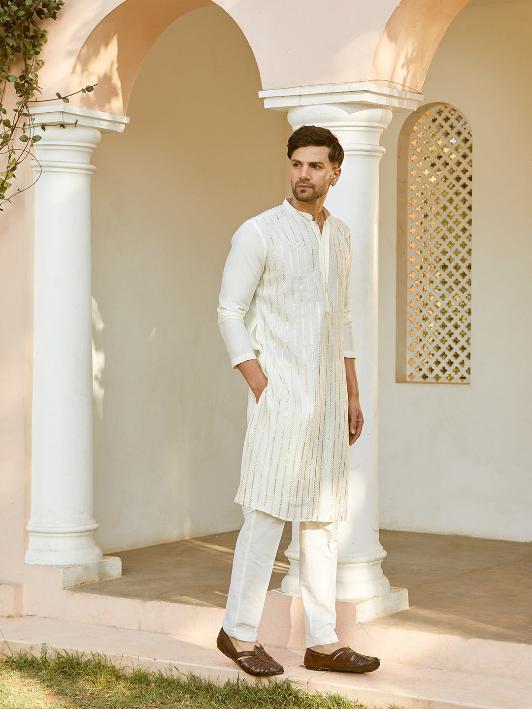 Sequins Embroidered Pure Chanderi Silk Straight Kurta with Pyjama