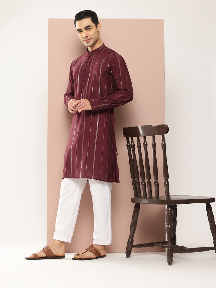 Men's Maroon Chanderi Silk Kurta with Sequin Embroidery, Paired with Pyjama