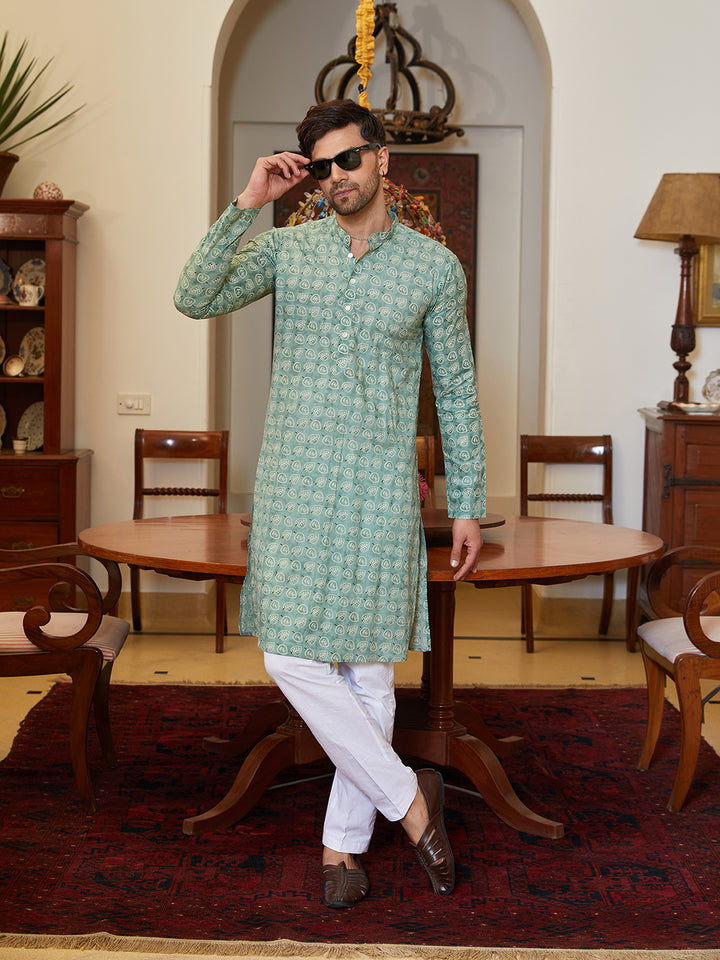 Leaf Printed Pure Cotton Straight Kurta with Pyjama