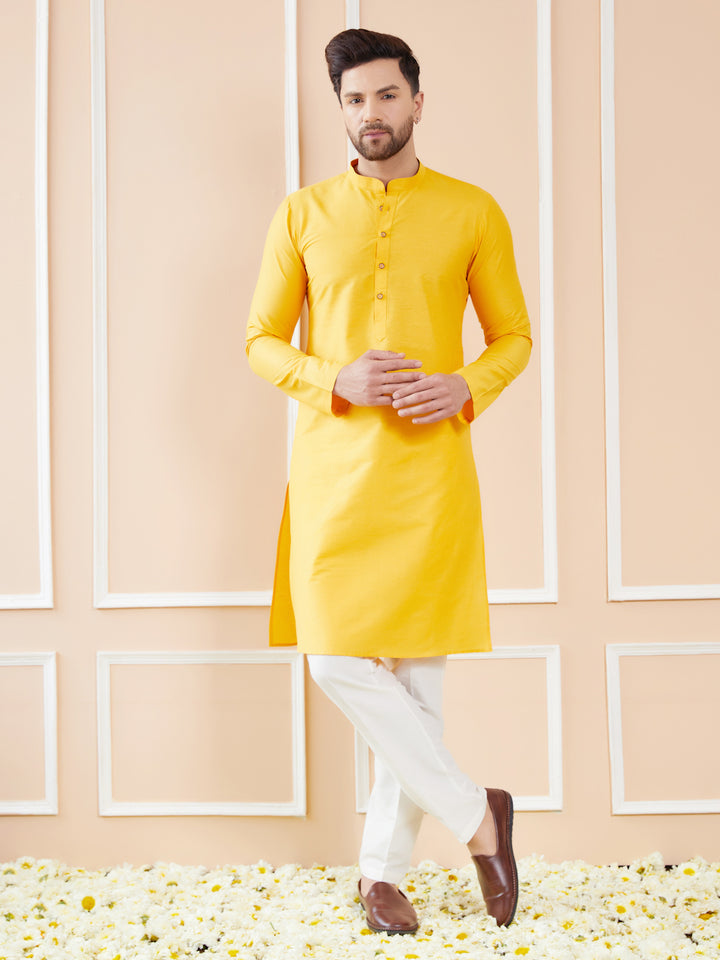 Yellow Cotton Solid Straight Kurta with Pyjama