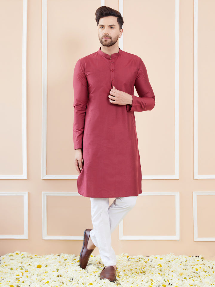 Maroon Cotton Solid Straight Kurta with Pyjama