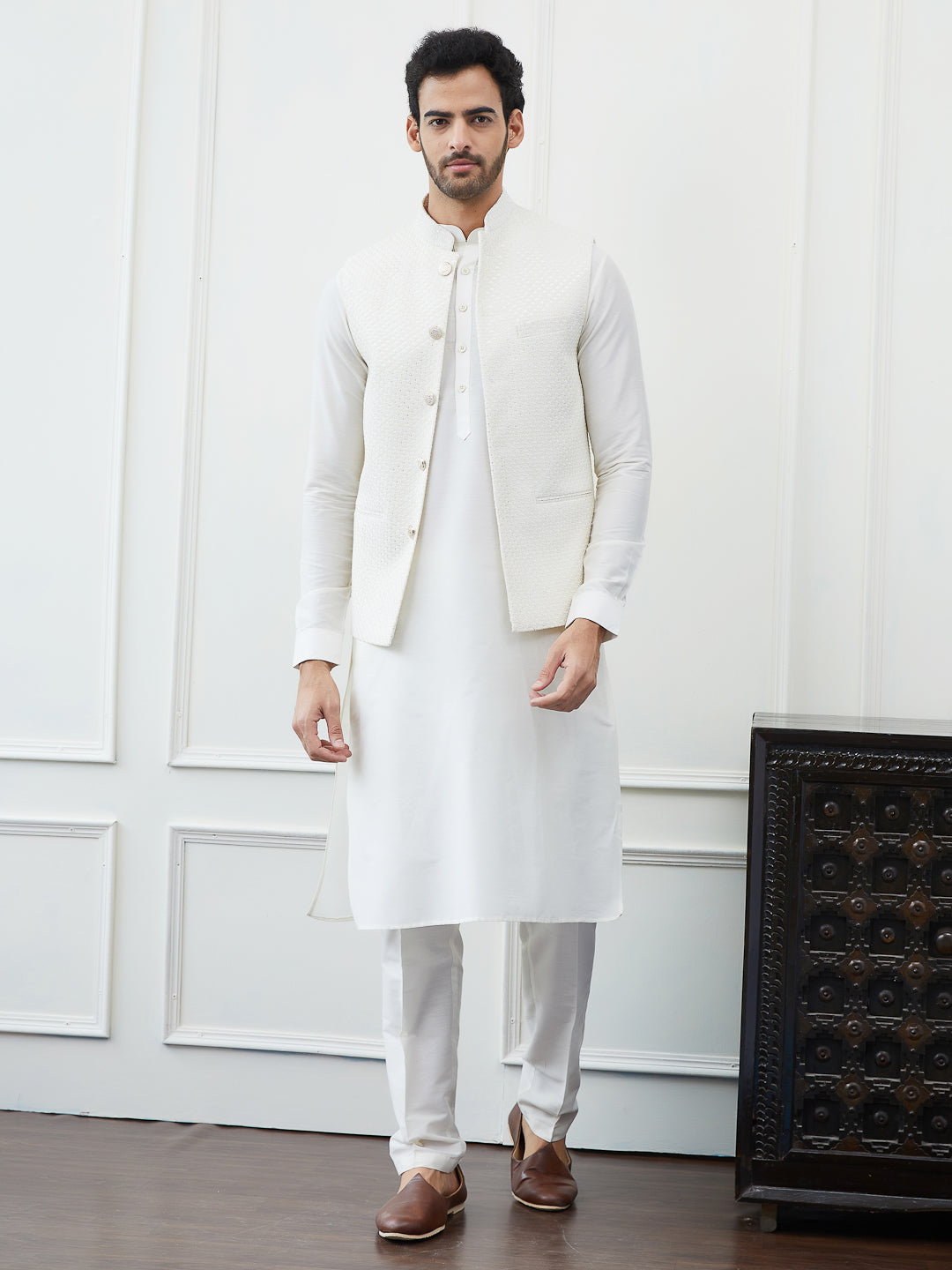 Pure Cotton Straight Kurta & Pyjama with Sequins Embroidered Nehru Jacket