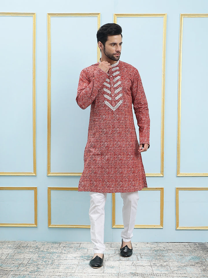 Printed Pure Cotton Straight Kurta with Embroidered Neck Design and Pyjama