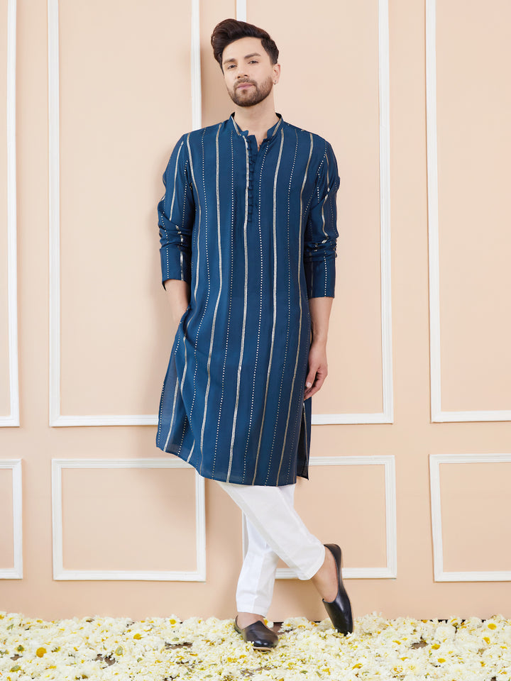 Blue and Gold Sequins Embroidered Chanderi Silk Straight Kurta With Pyjama