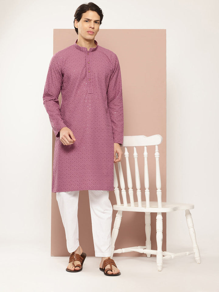 Men's Pink Sequin Embroidered Rayon Kurta, Paired with Pyjama