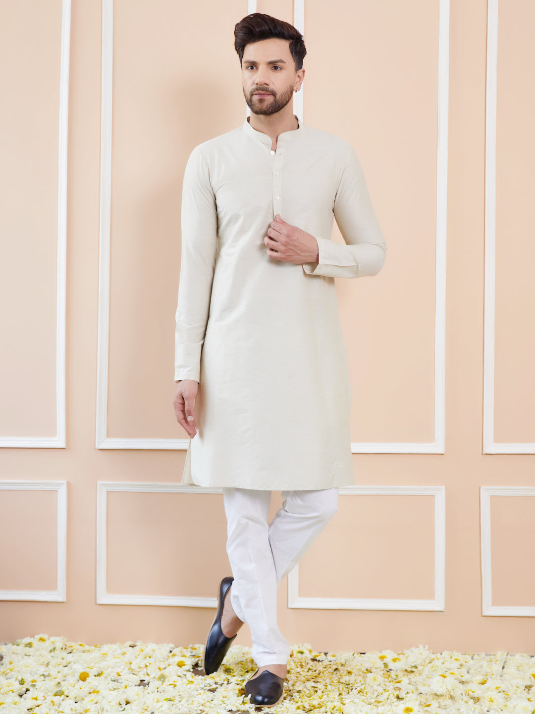 Cream Cotton Solid Straight Kurta with Pyjama