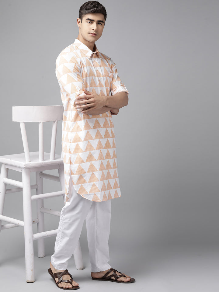 Men White and Orange Pure Cotton Pathani Kurta