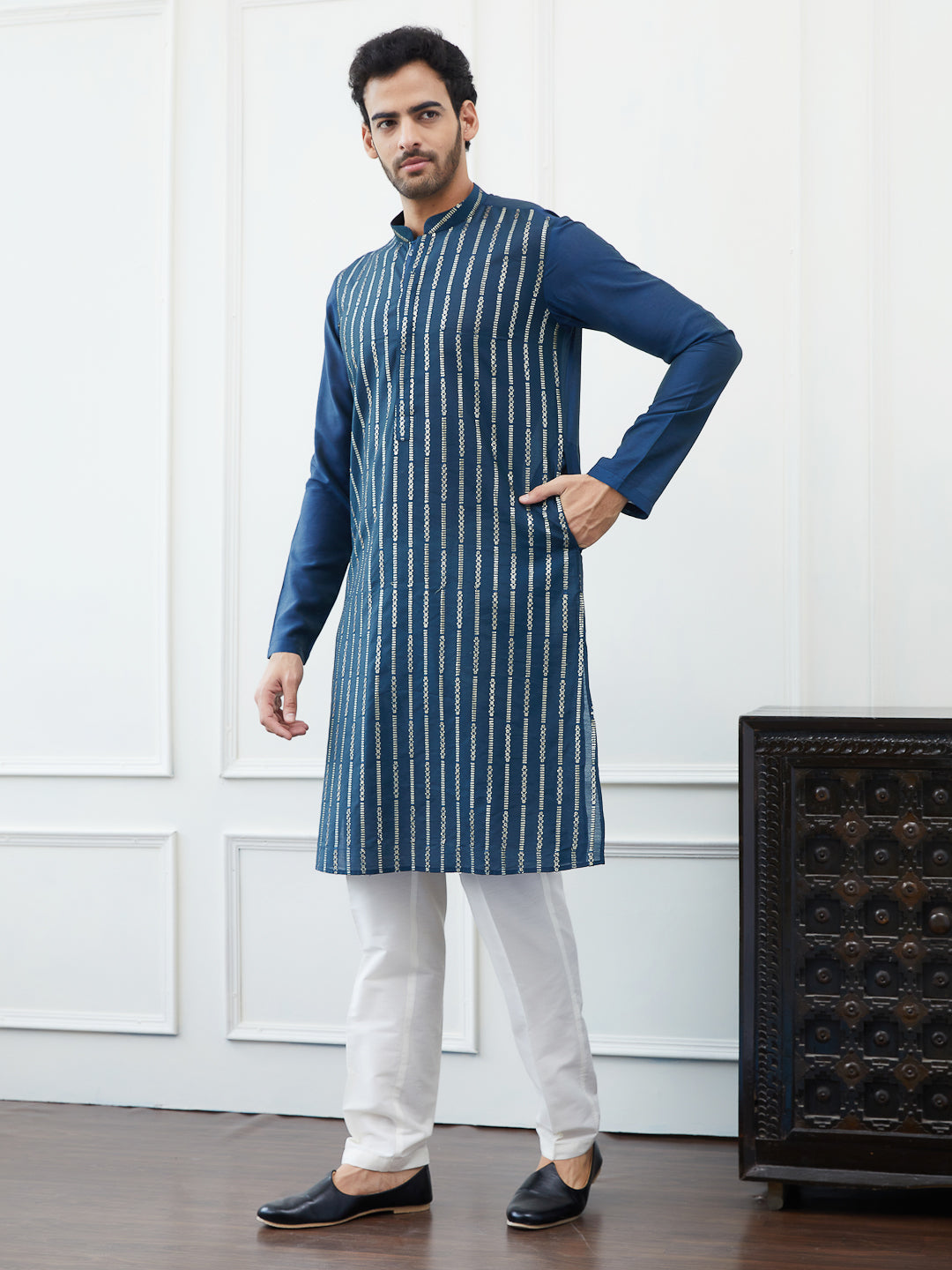 Embroidered Sequin Worked Chanderi Silk Straight Kurta with Pyjama