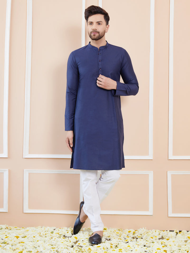 Blue Cotton Solid Straight Kurta with Pyjama