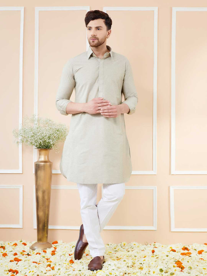 Cream Cotton Solid Pathani Kurta with Pyjama