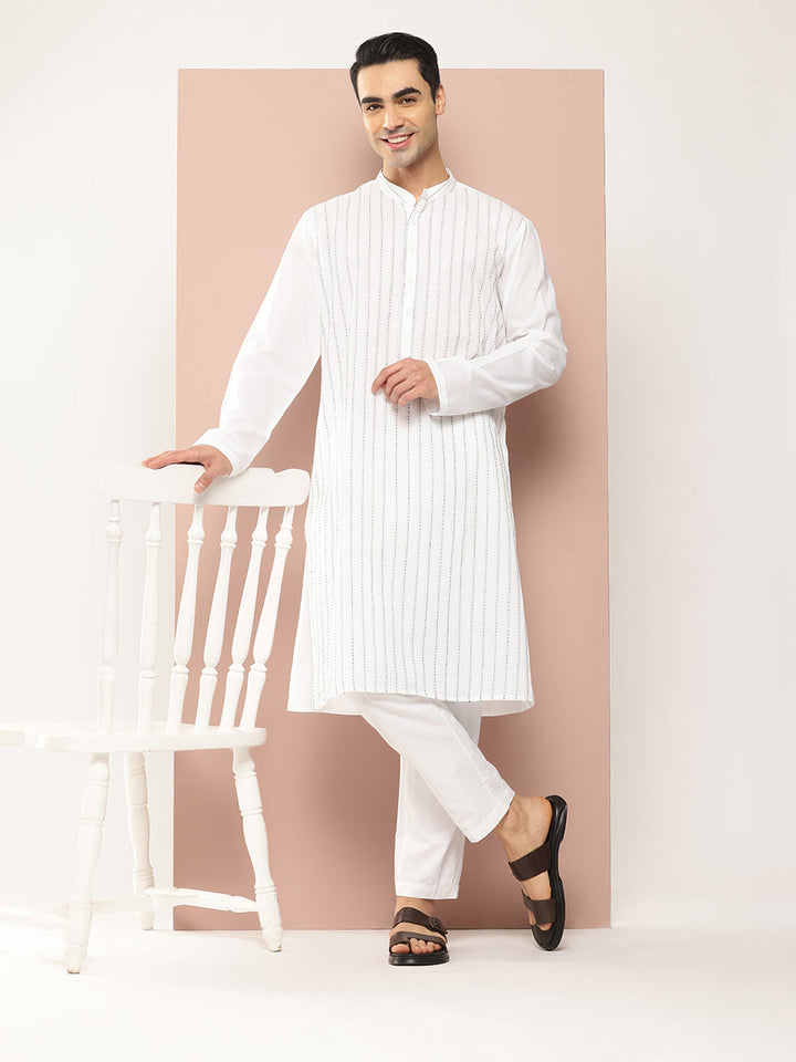 Men's White Cotton Kurta with Pintex Design, Paired with Pyjama