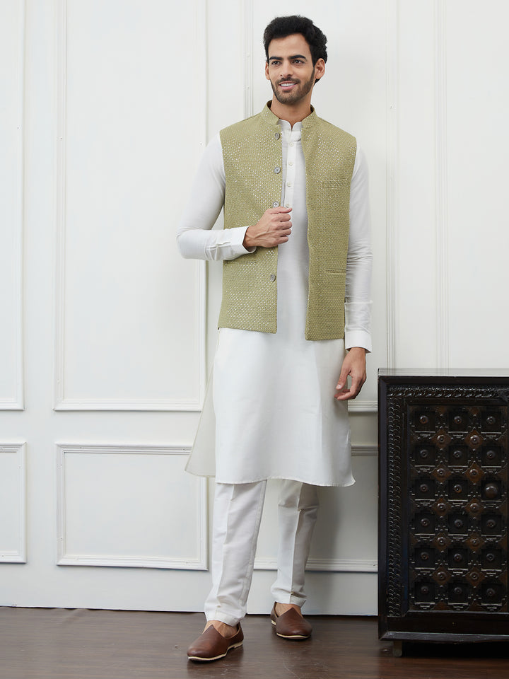 Pure Cotton Straight Kurta & Pyjama with Sequins Embroidered Nehru Jacket