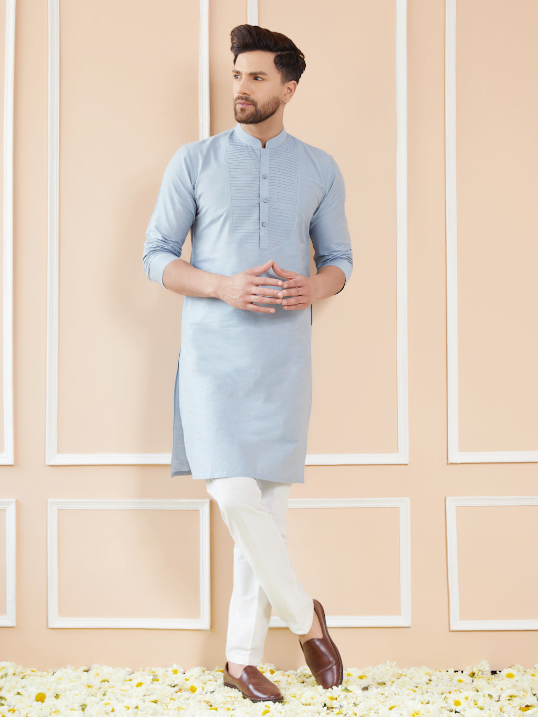 Blue Cotton Solid Straight Kurta with Pintuck Neckline and Pyjama