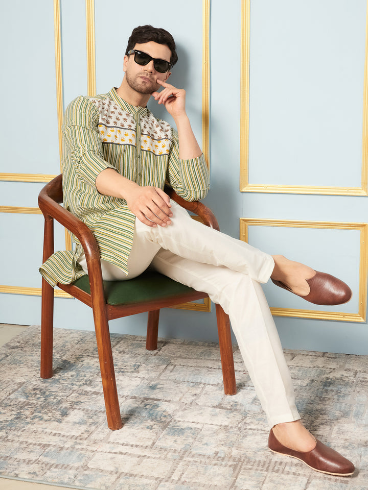 Green Striped Printed Kurta With Pyjama