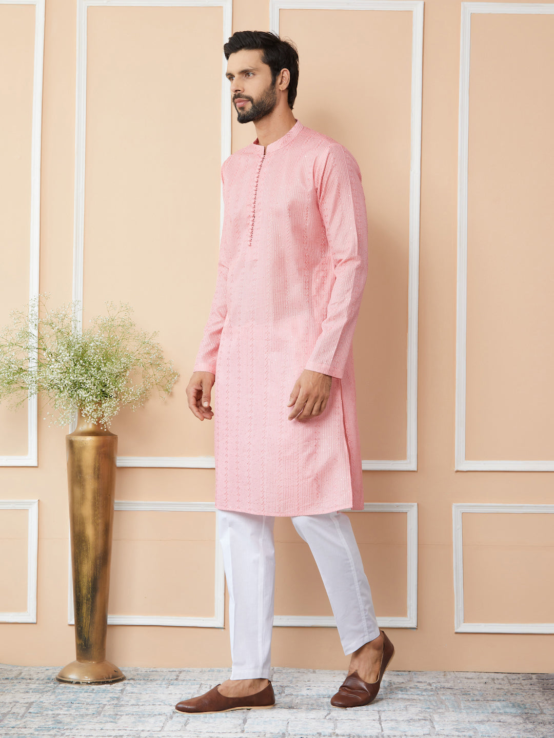 Pink Embroidered Thread Work Sequinned Chanderi Silk Straight Kurta