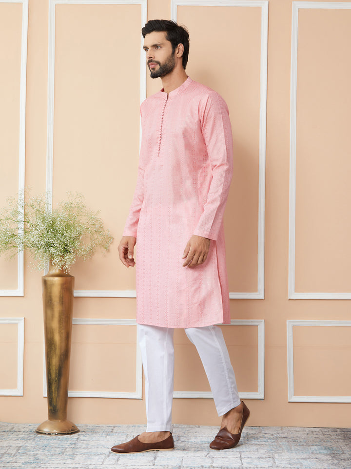 Pink Embroidered Thread Work Sequinned Chanderi Silk Straight Kurta with Pyjama