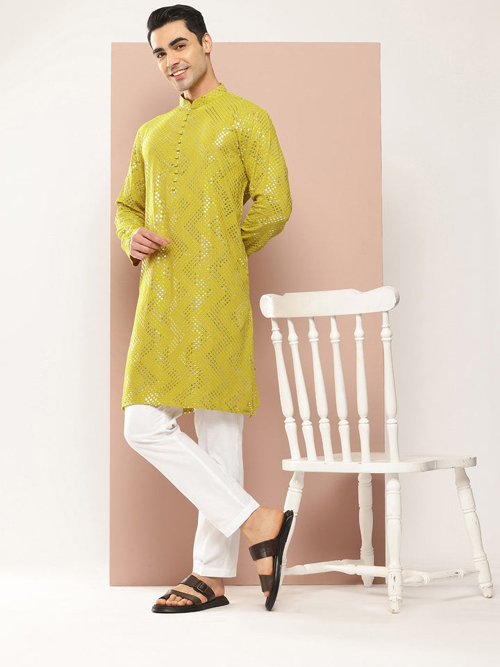 Men's Lime Green Sequin Embroidered Rayon Kurta, Paired with Pyjama