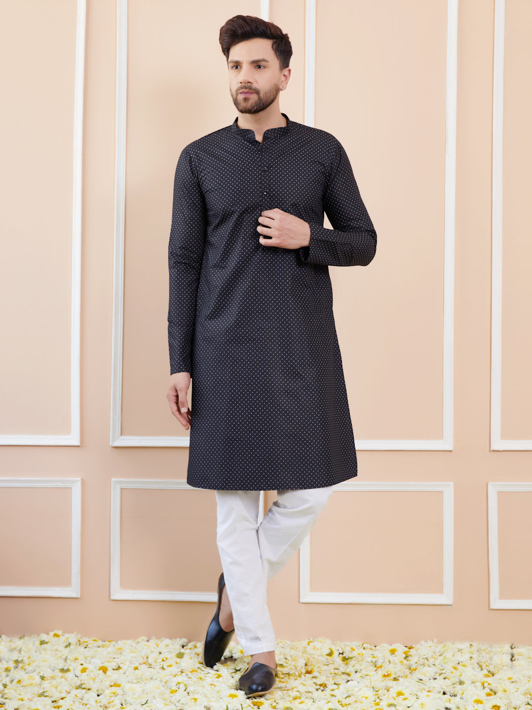 Black Printed Cotton Straight Kurta