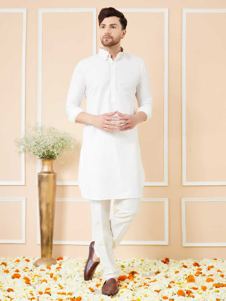 Off White Cotton Solid Straight Pathani Kurta